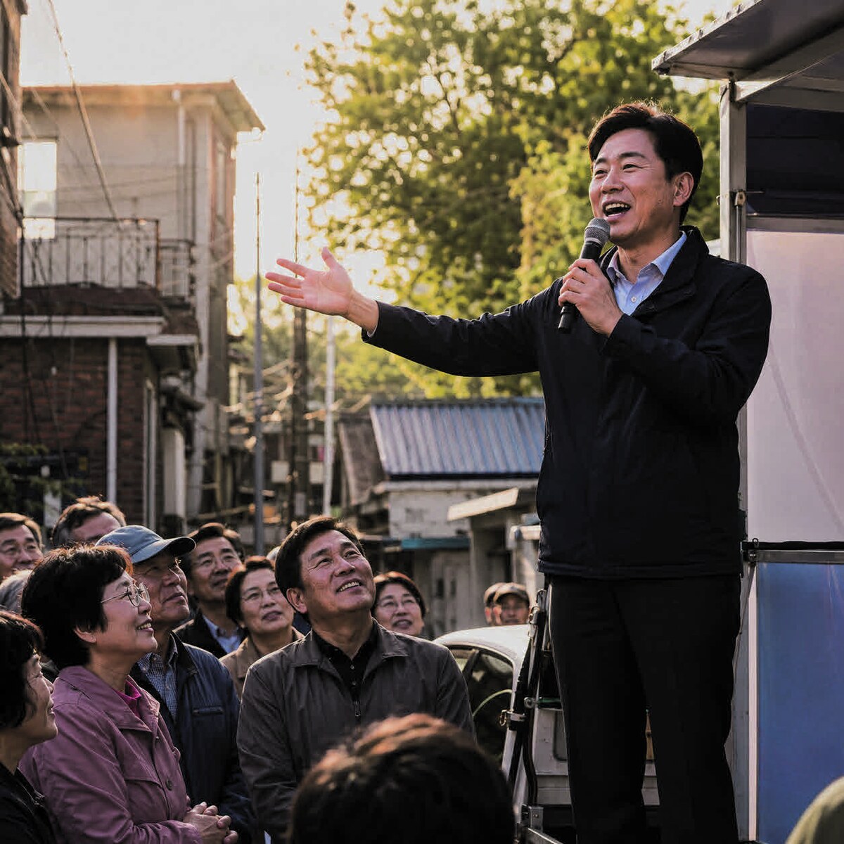 대중 앞에서 메시지를 전하는 정치인