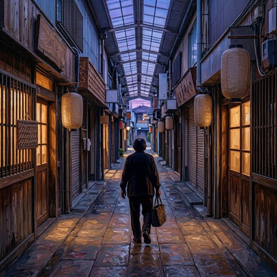 해질 무렵 오래된 오사카 골목을 걷는 사람