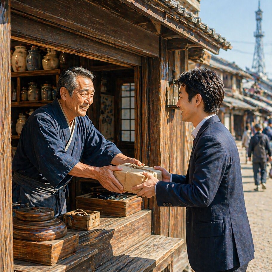 오래된 가게에서 상인과 손님이 악수하는 장면