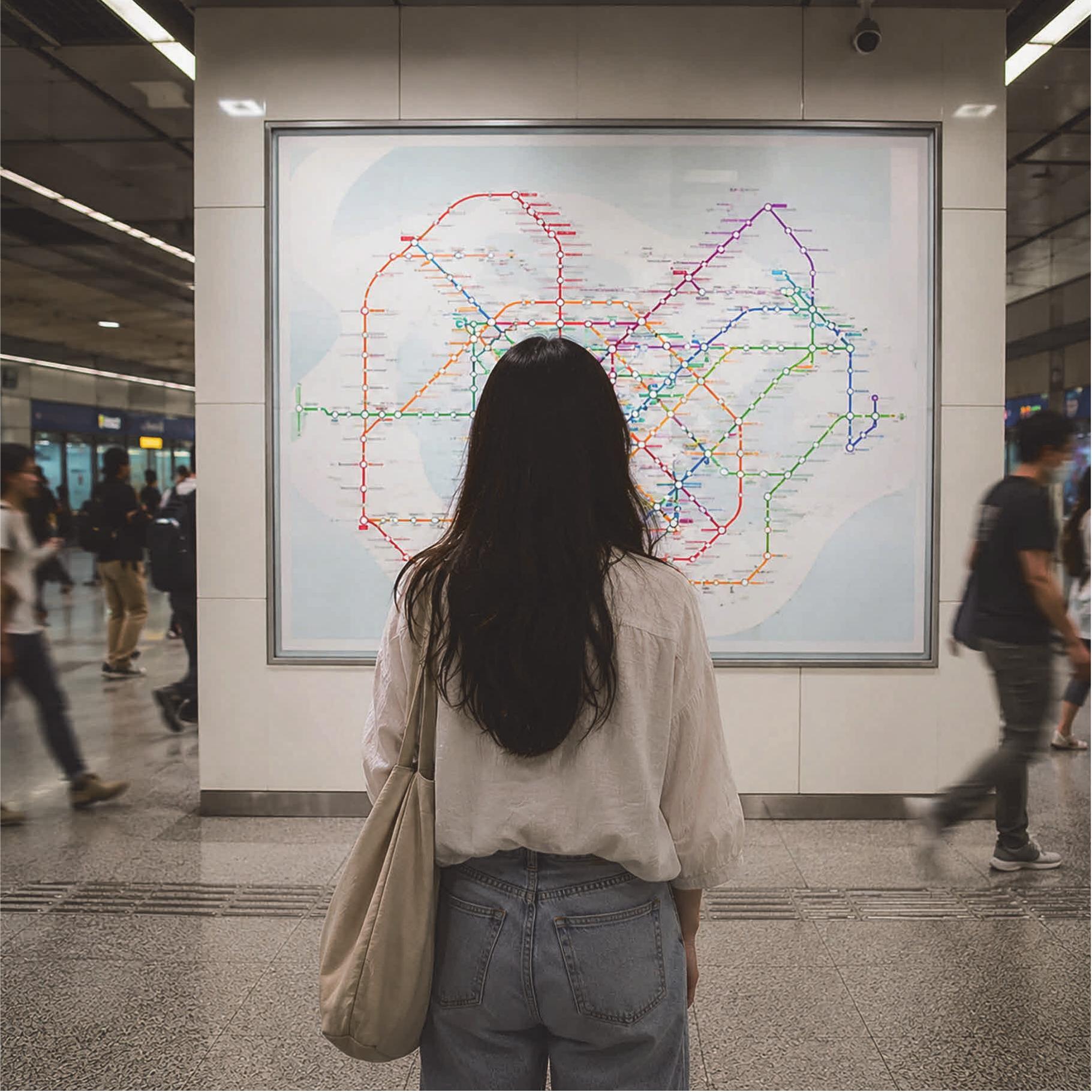 싱가포르 MRT 노선도를 살피는 여행자